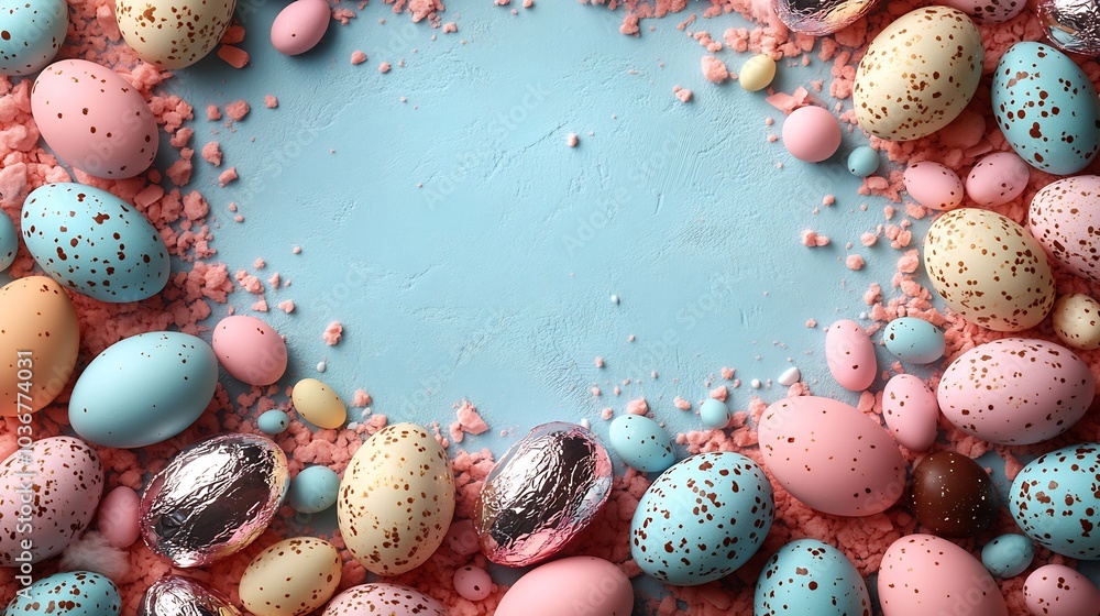 Poster easterthemed border with pastel robin's eggs and foilwrapped chocolate eggs encircling the image cre