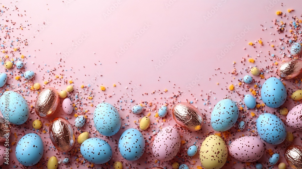 Aufkleber easterthemed border with pastel robin's eggs and foilwrapped chocolate eggs encircling the image cre