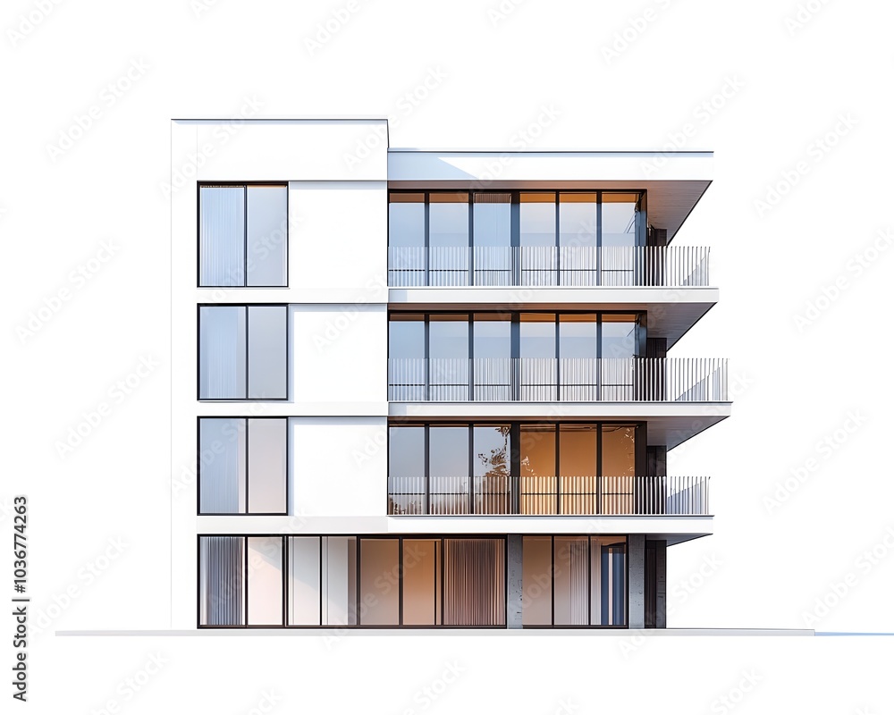 Poster modern minimalist apartment building with clean lines and large windows on white background