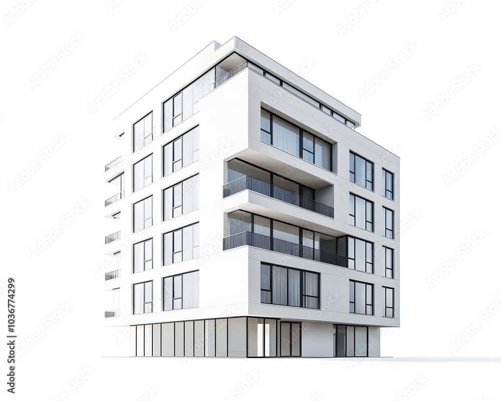 Poster modern minimalist apartment building with clean lines and large windows against white background