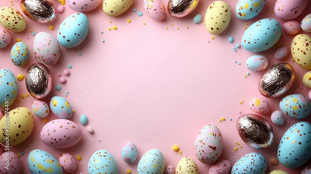 Poster easterthemed border with pastel robin's eggs and foilwrapped chocolate eggs encircling the image cre