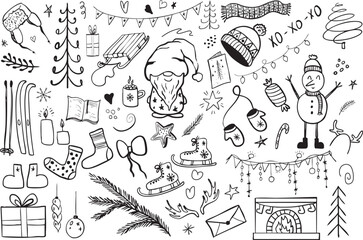 Winter Christmas Doodle Illustrations Set, Festive Holiday Elements, vector