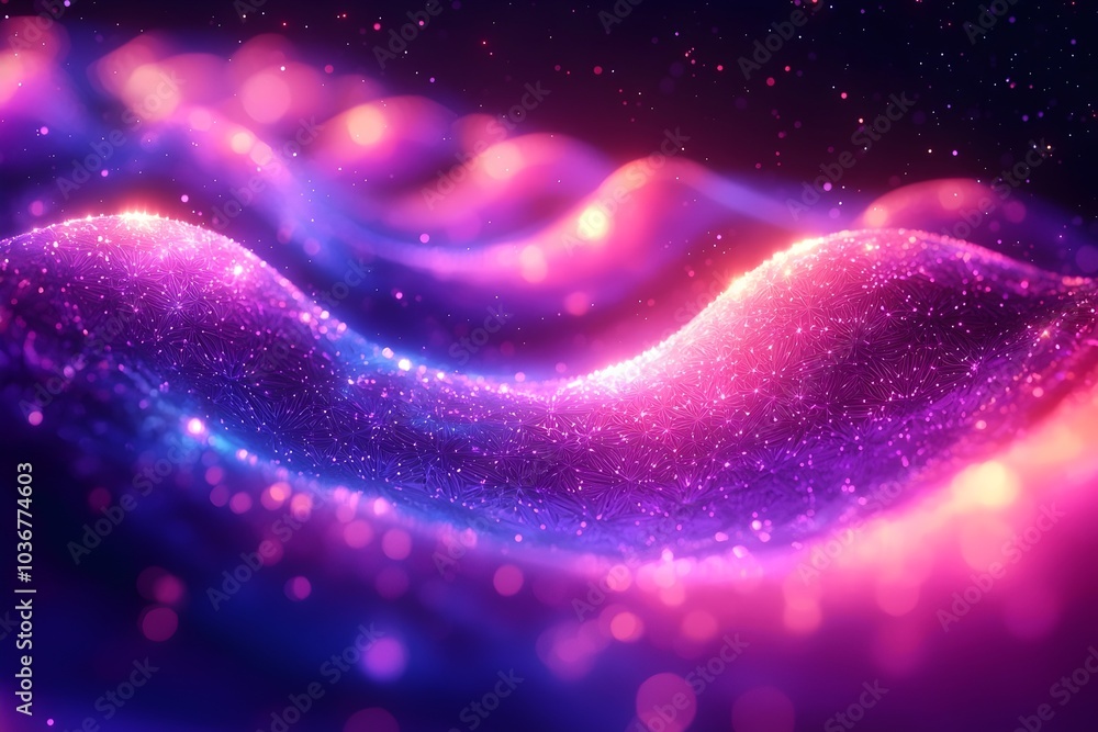 Poster a mesmerizing abstract background featuring flowing waves of purple and pink hues, illuminated by tw