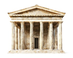 Ancient Greek Classical Temple with Sturdy Columns and Triangular Pediment on White Background