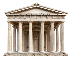 Naklejka premium Solitary Ancient Greek Temple with Sturdy Columns and Triangular Pediment on White Background