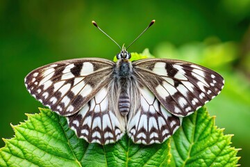 Fototapeta premium Butterfly with open wings on green leaf