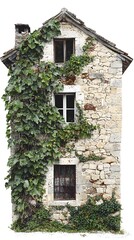 Rustic Stone Farmhouse with Ivy Creeping Up Its Walls Isolated on White Background