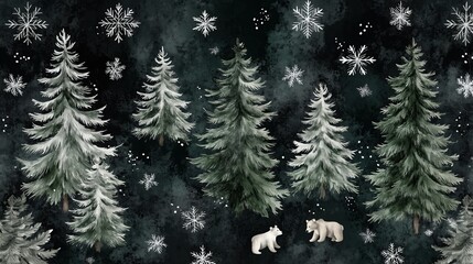 Obraz premium A seamless pattern with watercolor green pine trees and bears