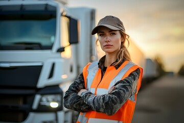 Female truck driver in reflective safety vest, standing with arms crossed in front of a large truck at sunset, showing determination and strength
