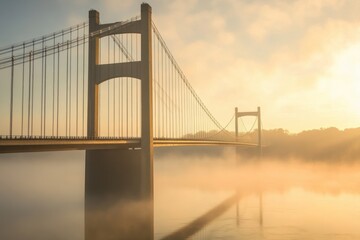Fototapeta premium A majestic suspension bridge at sunrise, spanning a river with mist rising from the water, symbolizing connection, engineering, and beauty, with warm sunlight reflecting off the steel cables