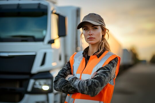 Female truck driver in reflective safety vest, standing with arms crossed in front of a large truck at sunset, showing determination and strength
