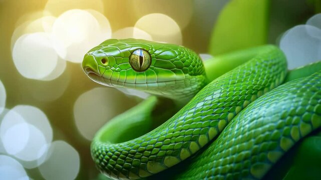Close-up of graceful green snake symbolizing 2025. Holiday spirit.