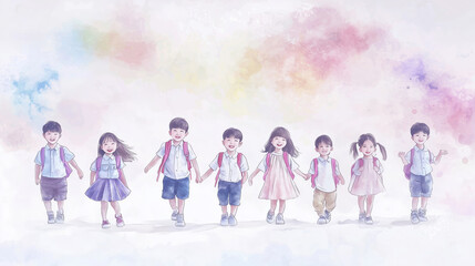 Naklejka premium Back to school A joyful group of children walking hand in hand, showcasing friendship and happiness in a vibrant outdoor setting. Perfect for themes of childhood and togetherness.