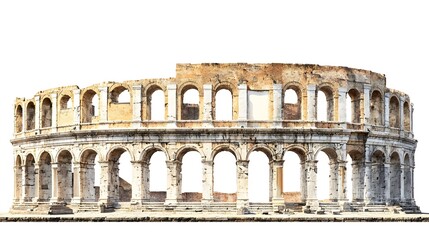 Obraz premium Ancient Roman Amphitheater with Weathered Stone Arches on White Background
