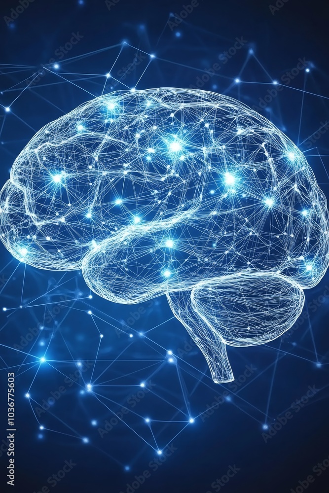 Poster abstract human brain with glowing nodes and connections on blue background. 3d rendering