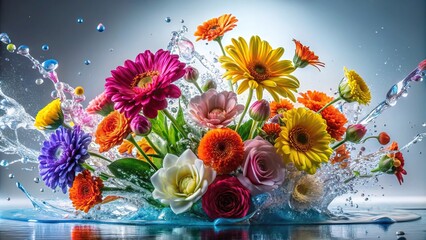 Colorful floral arrangement with liquid splashes against a bright background