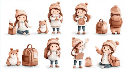 Fototapeta premium Back to school Delightful illustrations of a girl and a bear in warm tones, showcasing playful scenes with cozy outfits and accessories, perfect for children's themes.