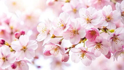 Cherry blossom flowers and petals against a white background low angle view