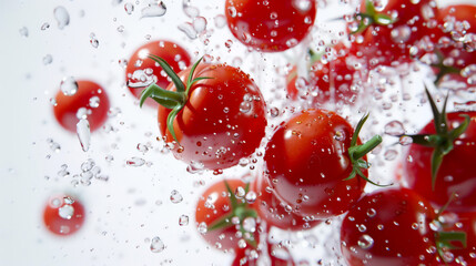 Tomatoes are washed in cold water. Close-up of a bunch of red tomatoes with water droplets around them. The concept of freshness and vitality, when it seems that drops of water nourish tomatoes