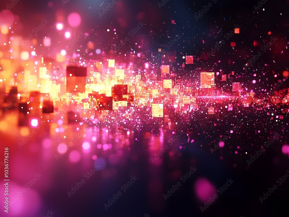 Poster An abstract digital representation featuring a vibrant burst of colorful cubes and particles, creating a sense of movement and energy in a mesmerizing way.