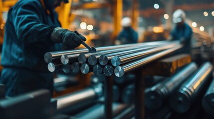 At a metallurgical factory, workers carefully inspect rows of polished metal rods for quality control amidst the bustling atmosphere of ongoing production