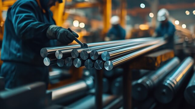At a metallurgical factory, workers carefully inspect rows of polished metal rods for quality control amidst the bustling atmosphere of ongoing production