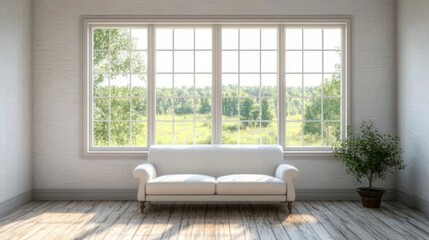 Fototapeta premium Bright Living Room Interior with Large Window, White Sofa, and Potted Plant. Minimalist Home Decor