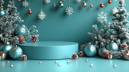 3D image of a podium with snowflakes and Christmas ornaments in a flat lay arrangement on a teal background.