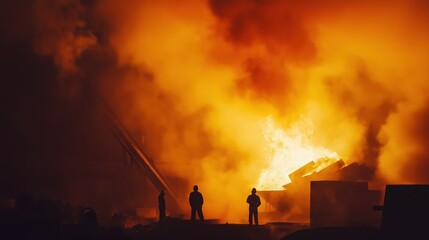 Workers oversee the pouring of molten steel in a metallurgical factory, enveloped in bright orange flames and thick smoke during evening hours