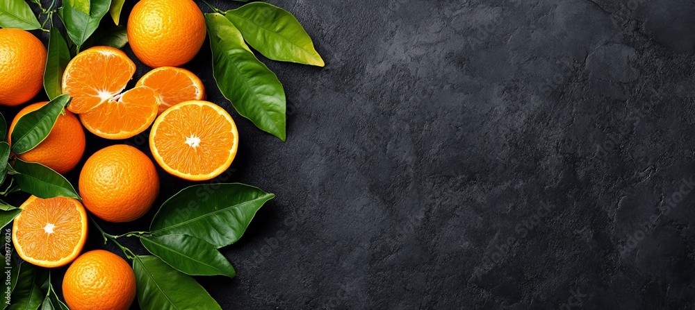 Poster freshly picked oranges with green leaves on a slate background with ample copy space.