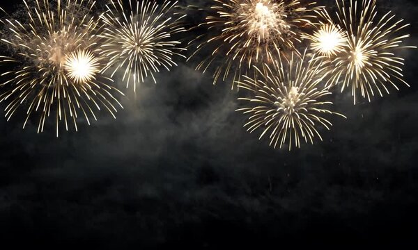 2025 New Year's Eve Party background video. Golden fireworks dark bokeh background video. Copy paste area for text