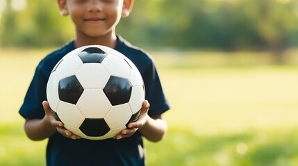 A young boy is holding a soccer ball in his hands