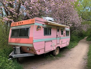 Charming RV Under Blooming Cherry Blossom Trees