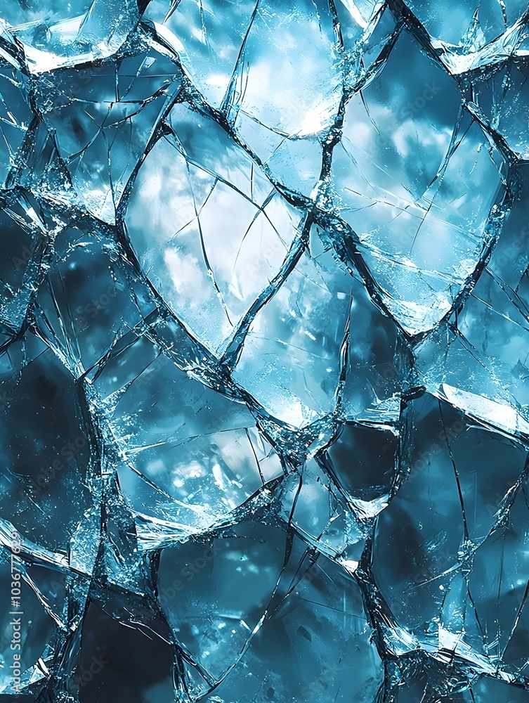 Poster an intricate pattern of broken glass with sharp edges, reflecting a vibrant blue hue, creating a str
