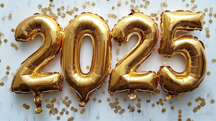2025 in balloon letters made of gold foil on a white background