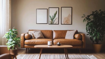 A mid-century modern living room featuring a brown leather sofa, beige walls, wooden coffee table, and framed abstract artwork.