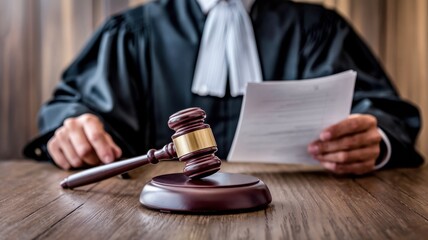Judge holding a document with gavel on a table, professional court setting.