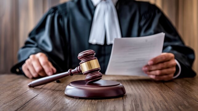 Judge holding a document with gavel on a table, professional court setting.