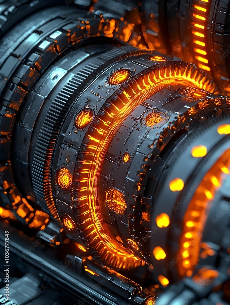 Poster a close-up view of intricate mechanical components with glowing orange lights, showcasing the detail