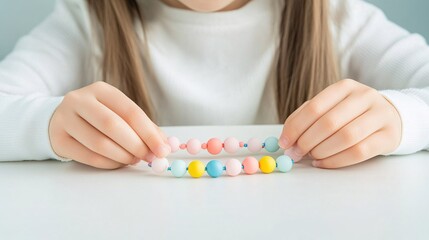 A girl is holding a necklace with colorful beads