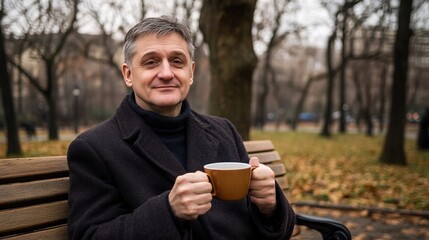 Fototapeta premium Middle-aged man with slight tremor holding cup of coffee on park bench, symbolizing struggle with Parkinson's disease, calm natural setting.