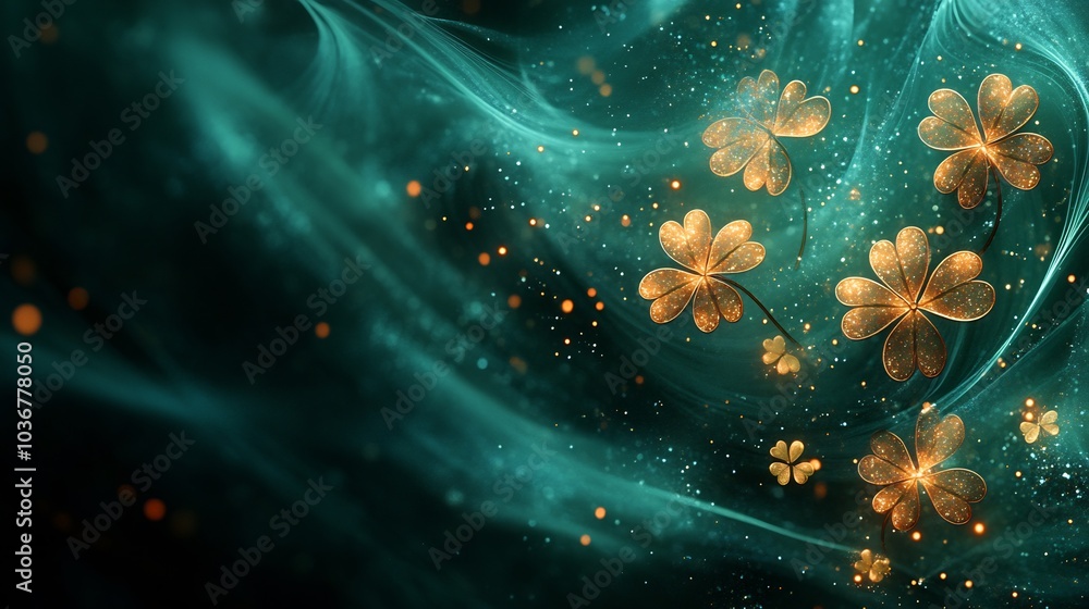 Poster elegant display of sparkling shamrocks intertwined with abstract shapes on a dark green background e