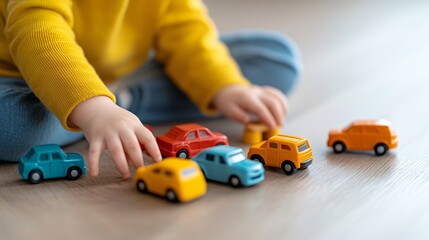 A child is playing with a collection of toy cars on a wooden floor