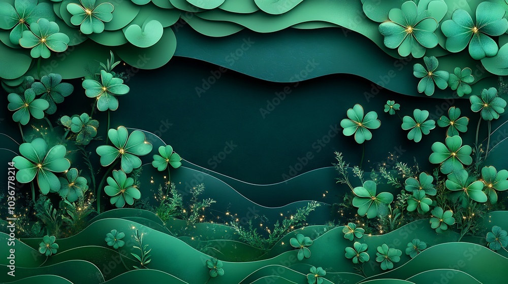 Poster elegant display of sparkling shamrocks intertwined with abstract shapes on a dark green background e