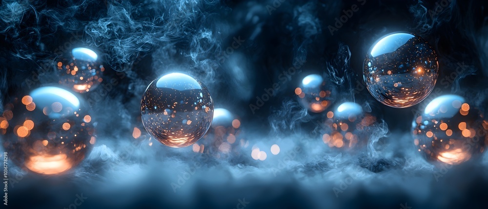 Poster an ethereal scene featuring shiny orbs suspended in mist, illuminated by soft glowing lights, creati