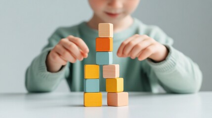 A young child is building a tower out of wooden blocks