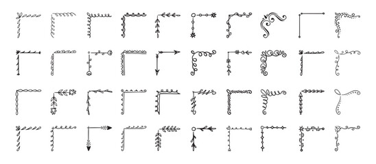Doodle hand drawn corner border set with different shapes. Flourish, flower decoration. Isolated vector illustration for wedding, greeting banner design. sketch style Corners drawn by brush, pen.