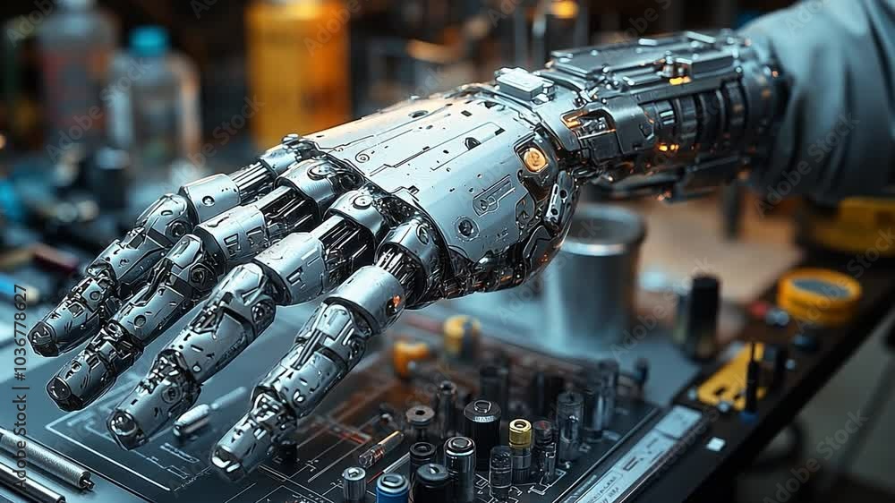 Poster This intricately designed robotic hand rests on a cluttered workbench surrounded by tools. Prosthesis