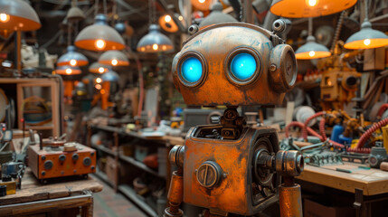 Fototapeta premium Rusty robot with glowing blue eyes in workshop 