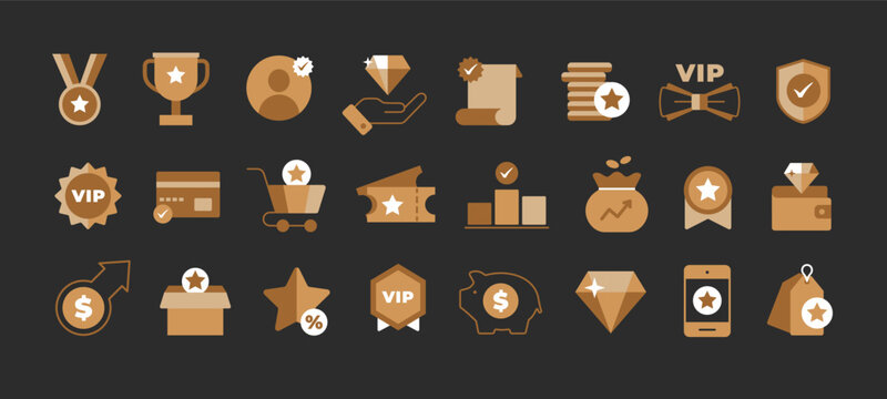 Reward program icons. Golden medals, trophies and loyalty rewards symbols. VIP and premium user badges for customer loyalty programs, promotional offers and membership benefits. Vector set.